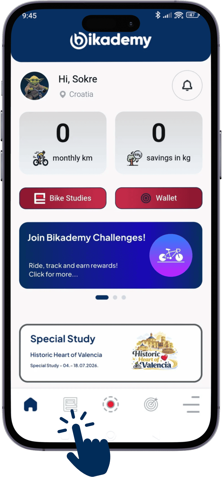 Bikademy app home screen with the Studies tab highlighted