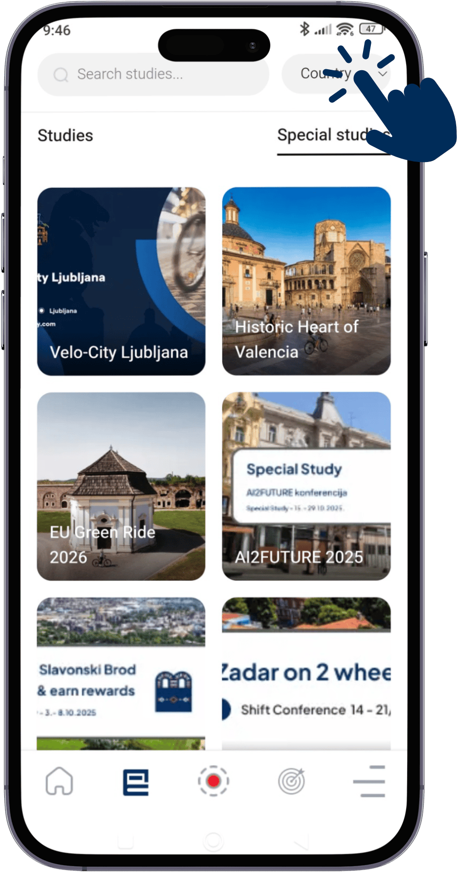 Special Studies list in the Bikademy app showing Historic Heart of Valencia
