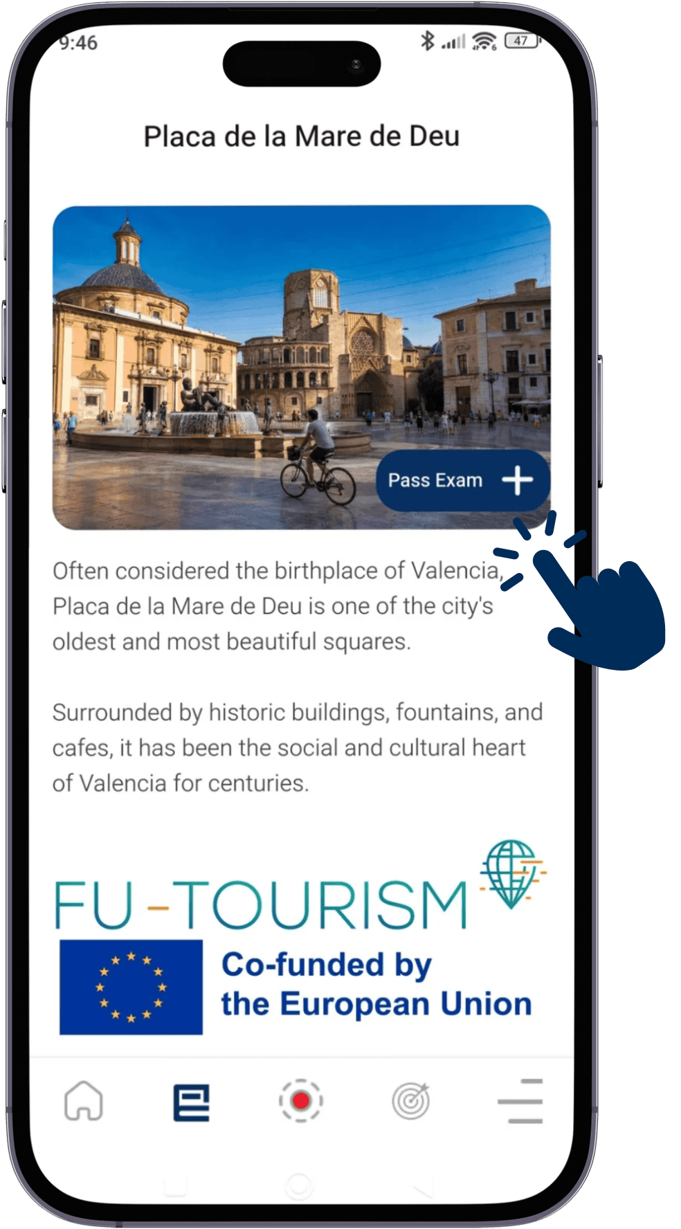 Checkpoint screen for Plaça de la Mare de Déu with the Pass Exam button
